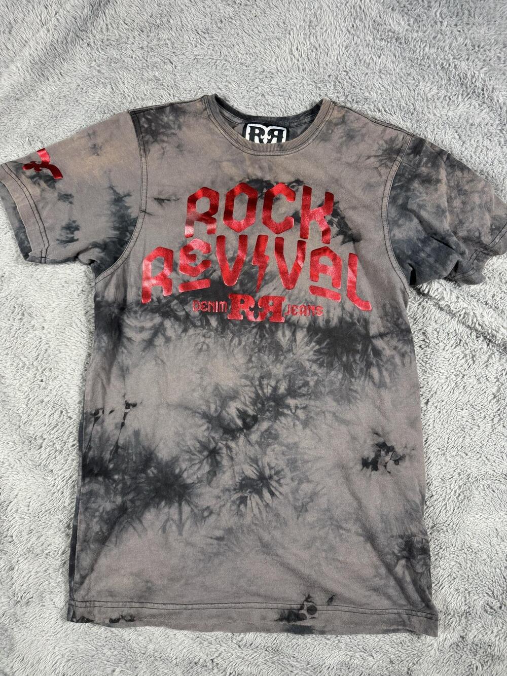 Rock Revival Shirt Mens Small Gray Black Tie Dye Logo Graphic Short Sleeve
